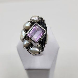 Chunky Silver Ring With Freshwater Pearls Amethyst & Black Spinel Silver Size 7